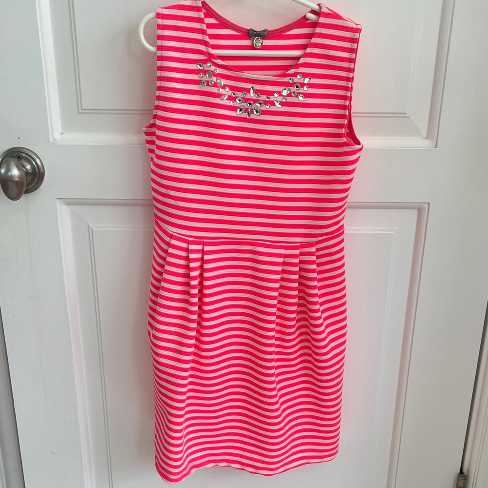 Poof! Pink and White Striped Kids Dress with Gem Detail